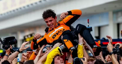 Lando Norris, McLaren F1 Team, 1st position, crowdsurfs with his team mates