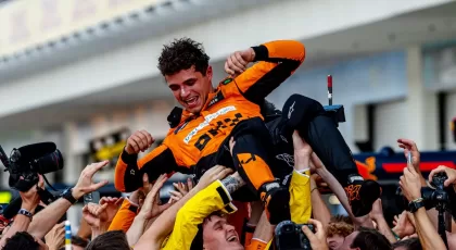 Lando Norris, McLaren F1 Team, 1st position, crowdsurfs with his team mates