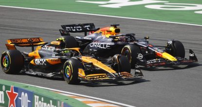 Lando Norris, McLaren MCL38, battles with Max Verstappen, Red Bull Racing RB20