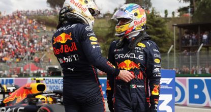 IMOLA, ITALY - APRIL 23: Sprint winner Max Verstappen of the Netherlands and Oracle Red Bull Racing and Third placed Sergio Perez of Mexico and Oracle Red Bull Racing talk in parc ferme during Sprint ahead of the F1 Grand Prix of Emilia Romagna at Autodromo Enzo e Dino Ferrari on April 23, 2022 in Imola, Italy. (Photo by Mark Thompson/Getty Images) // Getty Images / Red Bull Content Pool // SI202204230423 // Usage for editorial use only //