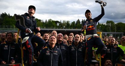IMOLA, ITALY - APRIL 24: Race winner Max Verstappen of the Netherlands and Oracle Red Bull Racing and Second placed Sergio Perez of Mexico and Oracle Red Bull Racing celebrate with their team after the F1 Grand Prix of Emilia Romagna at Autodromo Enzo e Dino Ferrari on April 24, 2022 in Imola, Italy. (Photo by Clive Mason/Getty Images) // Getty Images / Red Bull Content Pool // SI202204240592 // Usage for editorial use only //