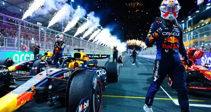 JEDDAH, SAUDI ARABIA - MARCH 09: Race winner Max Verstappen of the Netherlands and Oracle Red Bull Racing celebrates in parc ferme during the F1 Grand Prix of Saudi Arabia at Jeddah Corniche Circuit on March 09, 2024 in Jeddah, Saudi Arabia. (Photo by Mark Thompson/Getty Images)