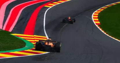 SPA, BELGIUM - JULY 28: Oscar Piastri of Australia driving the (81) McLaren MCL38 Mercedes follows Sergio Perez of Mexico driving the (11) Oracle Red Bull Racing RB20 during the F1 Grand Prix of Belgium at Circuit de Spa-Francorchamps on July 28, 2024 in Spa, Belgium. (Photo by Rudy Carezzevoli/Getty Images)
