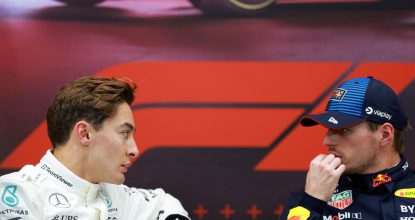 LUSAIL CITY, QATAR - NOVEMBER 30: Pole position qualifier Max Verstappen of the Netherlands and Oracle Red Bull Racing and Second placed qualifier George Russell of Great Britain and Mercedes attend the press conference after qualifying ahead of the F1 Grand Prix of Qatar at Lusail International Circuit on November 30, 2024 in Lusail City, Qatar. (Photo by Bryn Lennon/Getty Images) // Getty Images / Red Bull Content Pool // SI202411300417 // Usage for editorial use only //