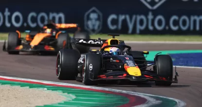 IMOLA, ITALY - MAY 18: Max Verstappen of the Netherlands driving the (1) Oracle Red Bull Racing RB21 leads Oscar Piastri of Australia driving the (81) McLaren MCL39 Mercedes on track during the F1 Grand Prix of Emilia-Romagna at Autodromo Internazionale Enzo e Dino Ferrari on May 18, 2025 in Imola, Italy. (Photo by Lars Baron/LAT Images) // Getty Images / Red Bull Content Pool // SI202505180621 // Usage for editorial use only //