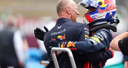 NORTHAMPTON, ENGLAND - JULY 05: Pole position qualifier Max Verstappen of the Netherlands and Oracle Red Bull Racing celebrates in parc ferme with a teammate during qualifying ahead of the F1 Grand Prix of Great Britain at Silverstone Circuit on July 05, 2025 in Northampton, England. (Photo by Andy Hone/LAT Images) // Getty Images / Red Bull Content Pool // SI202507050466 // Usage for editorial use only //