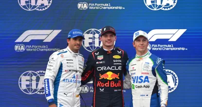 BAKU, AZERBAIJAN - SEPTEMBER 20: Top three qualifiers Pole position qualifier Max Verstappen of the Netherlands and Oracle Red Bull Racing Second placed qualifier Carlos Sainz of Spain and Williams and Third placed qualifier Liam Lawson of New Zealand and Visa Cash App Racing Bulls during qualifying ahead of the F1 Grand Prix of Azerbaijan at Baku City Circuit on September 20, 2025 in Baku, Azerbaijan. (Photo by Rudy Carezzevoli/Getty Images) // Getty Images / Red Bull Content Pool // SI202509200347 // Usage for editorial use only //