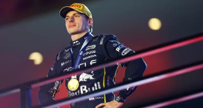 LAS VEGAS, NEVADA - NOVEMBER 22: Race winner Max Verstappen of the Netherlands and Oracle Red Bull Racing on the podium with his FIA medal during the F1 Grand Prix of Las Vegas at Las Vegas Strip Circuit on November 22, 2025 in Las Vegas, Nevada. (Photo by Zak Mauger/LAT Images) // Getty Images / Red Bull Content Pool // SI202511230513 // Usage for editorial use only //