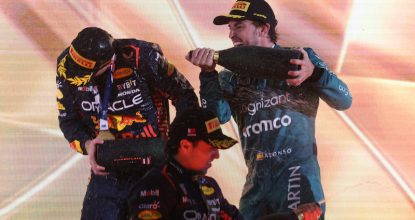 Portrait, Podium, TS-Live, Bahrain International Circuit, GP2301a, F1, GP, Bahrain
Max Verstappen, Red Bull Racing, 1st position, Sergio Perez, Red Bull Racing, 2nd position, and Fernando Alonso, Aston Martin F1 Team, 3rd position, celebrate on the podium