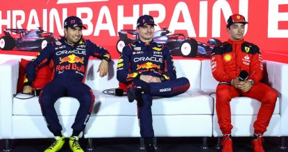 BAHRAIN, BAHRAIN - MARCH 04: Pole position qualifier Max Verstappen of the Netherlands and Oracle Red Bull Racing (C), Second placed qualifier Sergio Perez of Mexico and Oracle Red Bull Racing (L) and Third placed qualifier Charles Leclerc of Monaco and Ferrari (R) attend the press conference after qualifying ahead of the F1 Grand Prix of Bahrain at Bahrain International Circuit on March 04, 2023 in Bahrain, Bahrain. (Photo by Dan Istitene/Getty Images) // Getty Images / Red Bull Content Pool // SI202303040361 // Usage for editorial use only //