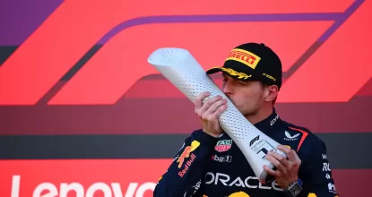 SUZUKA, JAPAN - SEPTEMBER 24: Race winner Max Verstappen of the Netherlands and Oracle Red Bull Racing celebrates on the podium during the F1 Grand Prix of Japan at Suzuka International Racing Course on September 24, 2023 in Suzuka, Japan. (Photo by Clive Mason/Getty Images) // Getty Images / Red Bull Content Pool // SI202309240186 // Usage for editorial use only //